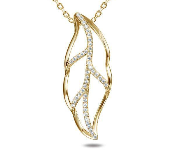 In this photo there is a yellow gold maile leaf pendant lined with diamonds.