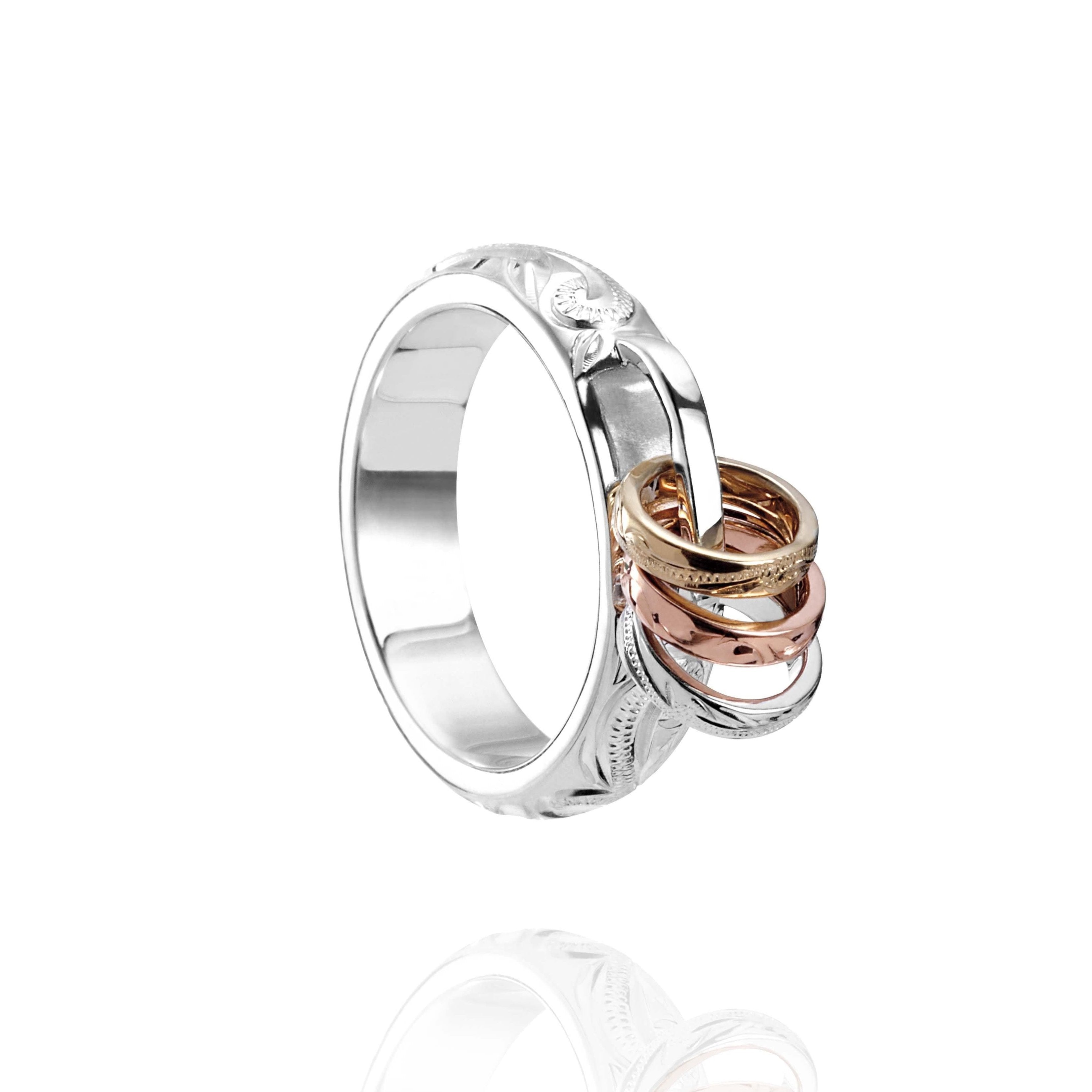 The picture shows a 14K white, yellow, and rose gold mini hoop tri-color ring.