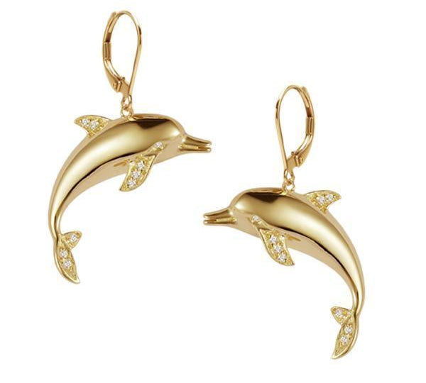 dolphin lever back earrings with diamonds set in 14k solid yellow gold