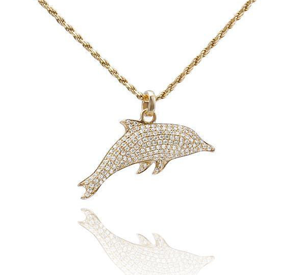 The picture shows a 14K yellow gold dolphin pendant with diamonds.