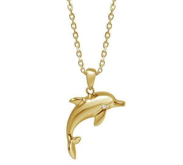 The picture shows a 14K yellow gold dolphin necklace with one eye diamond.