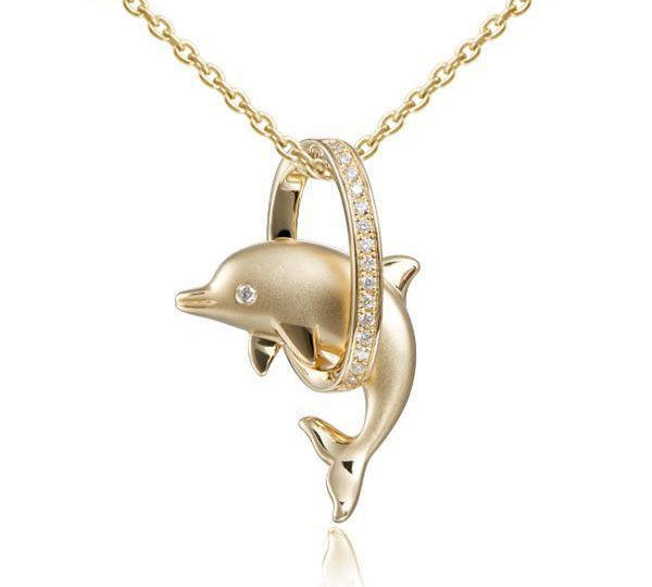The picture shows a 14K yellow gold dolphin through a circle pendant with diamonds.