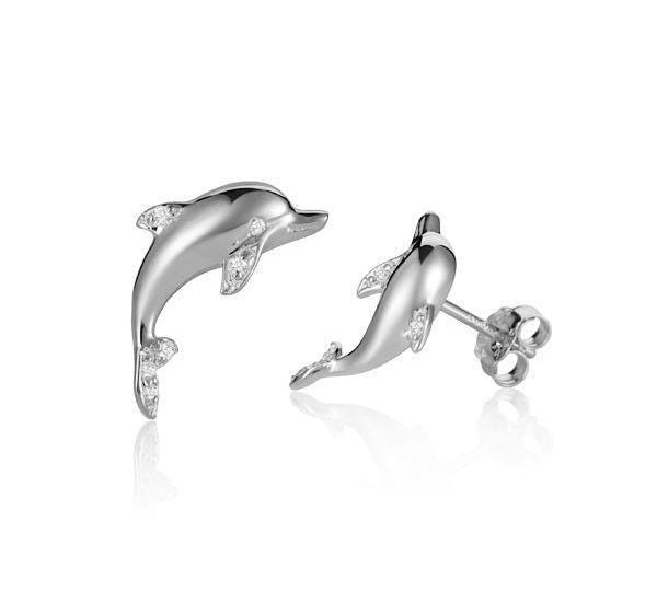 dolphin stud earrings with diamonds set in 14k solid white gold