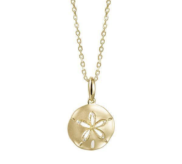 The picture shows a small 14K yellow gold sand dollar cut out pendant with diamonds.