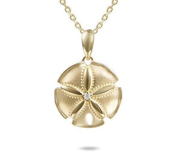 The picture shows a 14K yellow gold sand dollar pendant with center diamond.