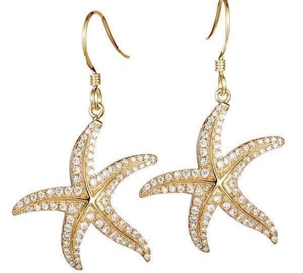 The picture shows a pair 14K yellow gold pavé diamond starfish hook earrings.