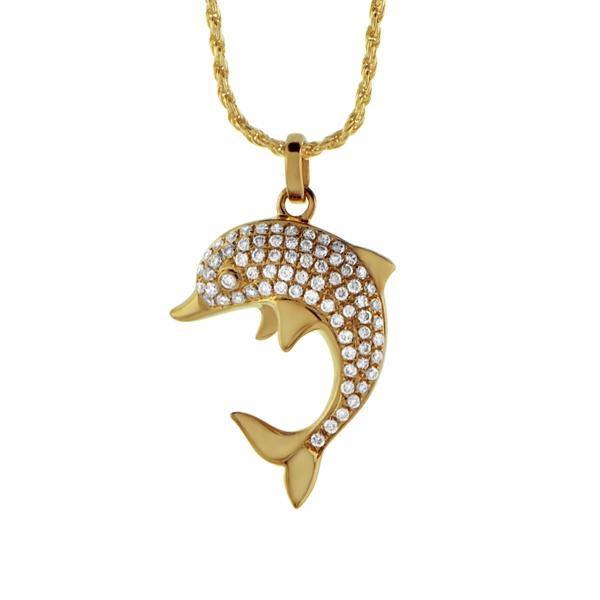 The picture shows a 14K yellow gold dolphin pendant with diamonds.