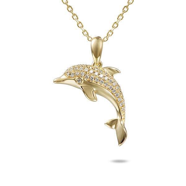 The picture shows a 14K yellow gold dolphin pendant with diamonds.