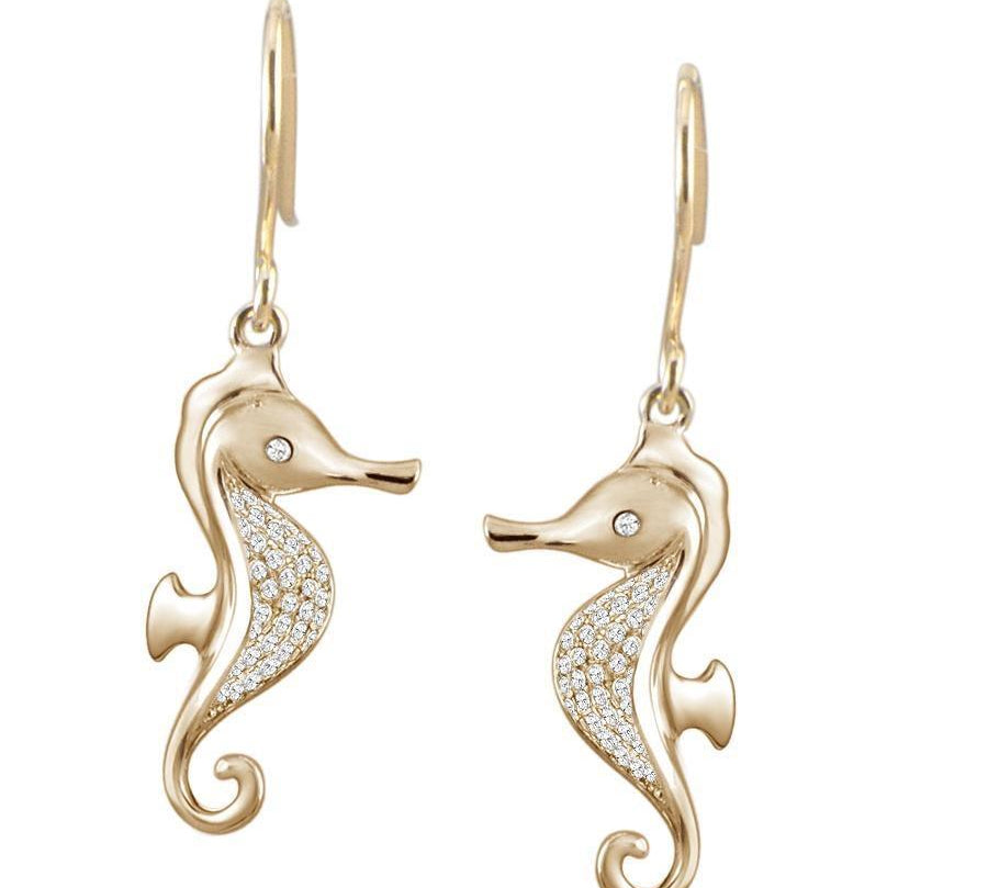 The picture shows a 14K yellow gold pavé diamond seahorse hook earrings.