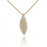 In this photo there is a yellow gold maile leaf pendant with diamonds.