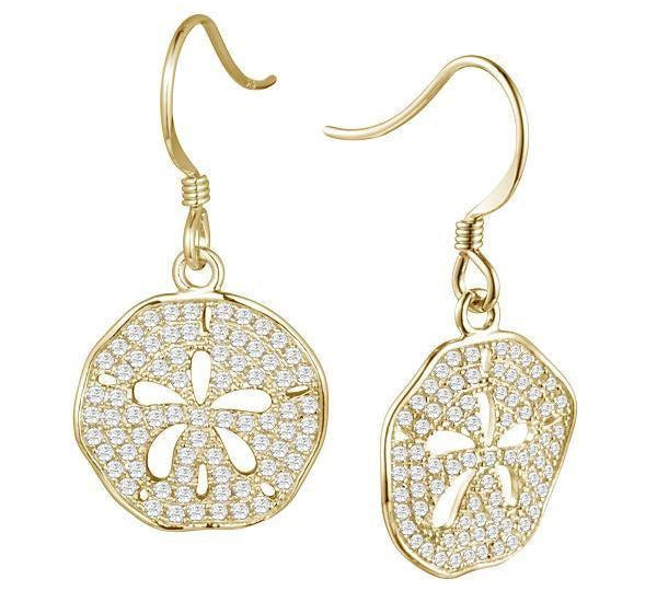 The picture shows a pair of 14K yellow gold pavé diamond sand dollar cut-out hook earrings.