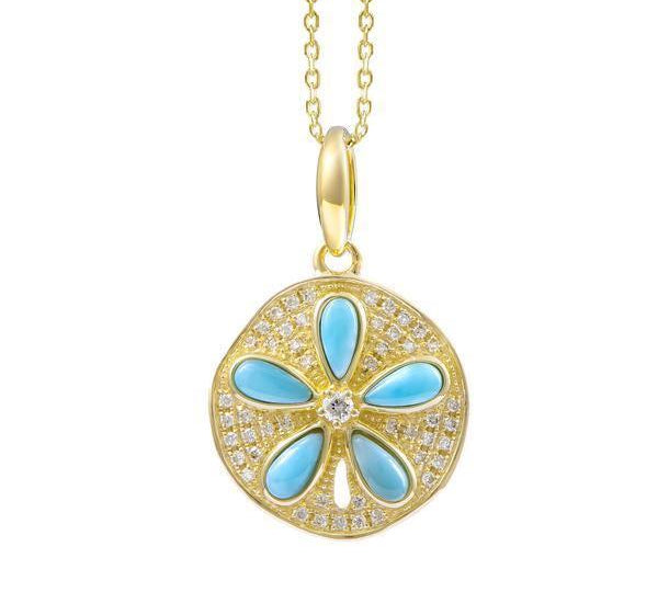 The picture shows a 14K yellow gold pave diamond larimar sand dollar pendant with topaz.