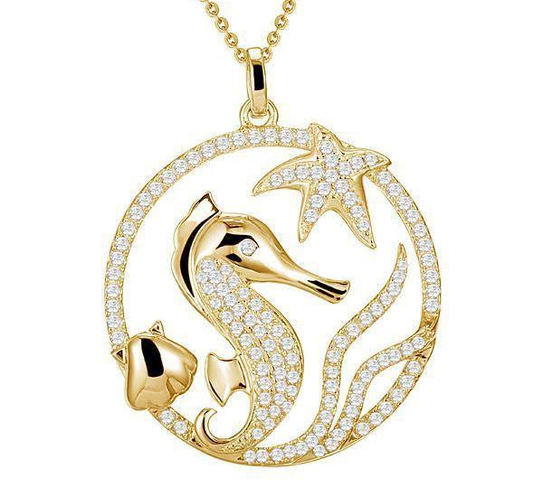 The pitcure shows a 14K yellow gold sea life pendant featuring a starfish, seahorse, sea shell, and seaweed designs with diamonds.