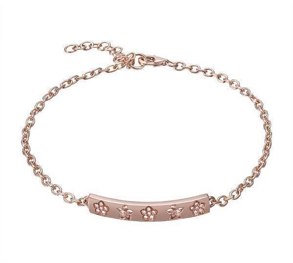 The picture shows a 14K rose gold plumeria bar bracelet with diamonds.