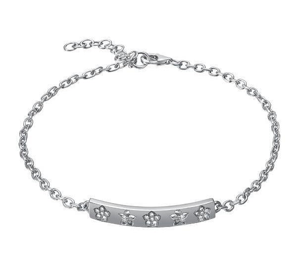 The picture shows a 14K white gold plumeria bar bracelet with diamonds.