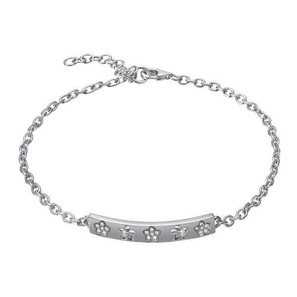 The picture shows a 14K white gold plumeria bar bracelet with diamonds.