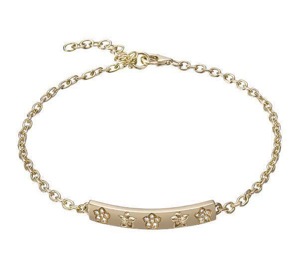 The picture shows a 14K yellow gold plumeria bar bracelet with diamonds.