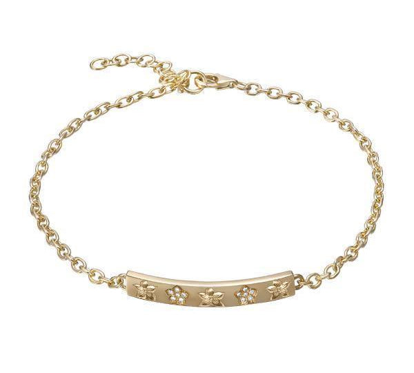 The picture shows a 14K yellow gold plumeria bar bracelet with diamonds.