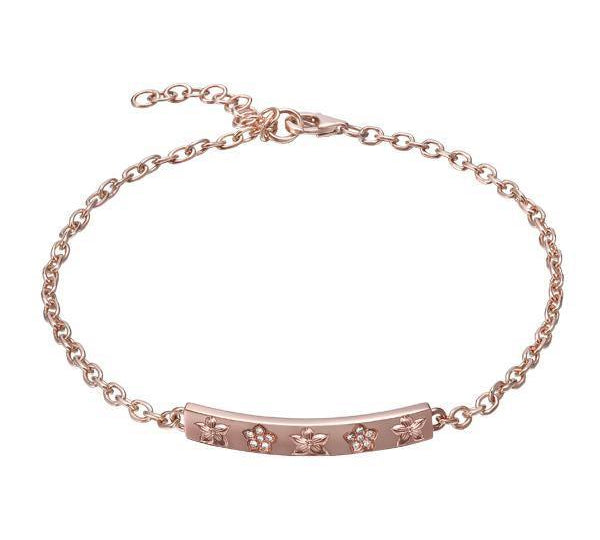 The picture shows a 14K rose gold plumeria bar bracelet with diamonds.