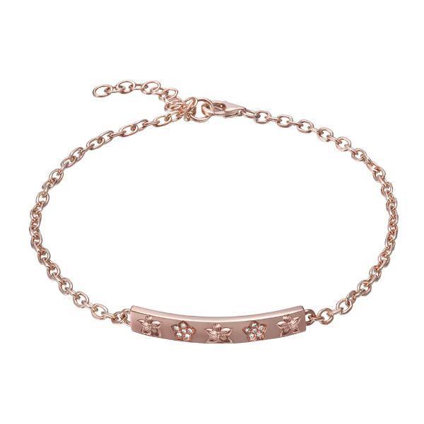 The picture shows a 14K rose gold plumeria bar bracelet with diamonds.