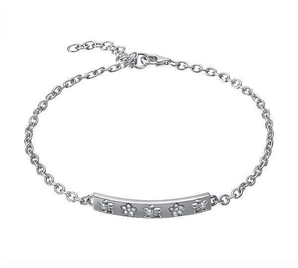 The picture shows a 14K white gold plumeria bar bracelet with diamonds.