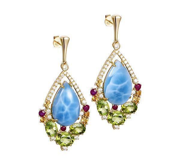 The picture shows a pair of 14K royal larimar earrings with peridot, rubies, and diamonds, and one hand-selected larimar gemstone.