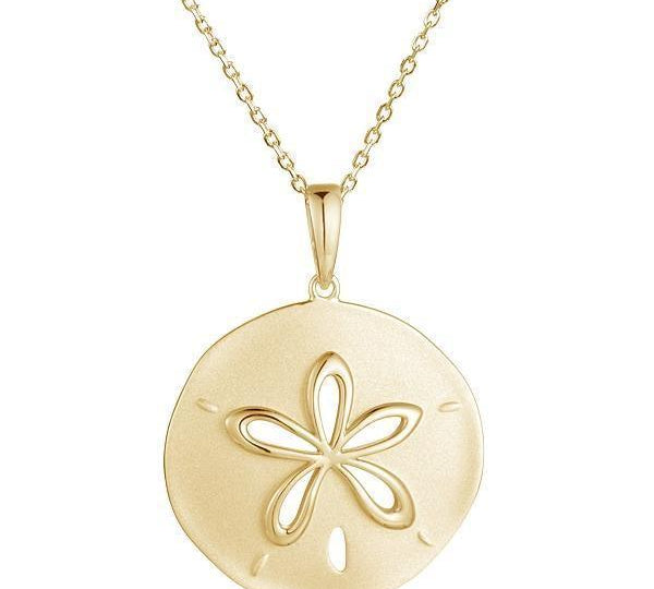 The picture shows a 14K yellow gold cut out sand dollar pendant.