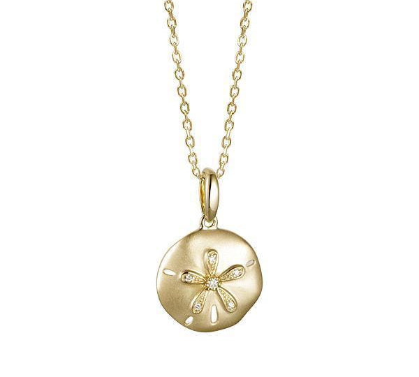 The picture shows a small 14K yellow gold sand dollar pendant with diamonds.