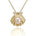 In this photo there is a yellow gold oyster shell pendant with diamonds and one light pink pearl.