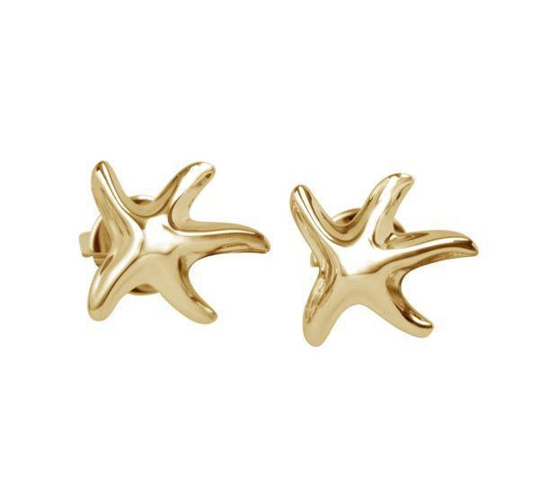 The picture shows a pair of 14K yellow gold starfish stud earrings.