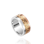 The picture shows a 14K rose, yellow, and white gold tricolor 8mm ring with hand engravings including sea turtles.