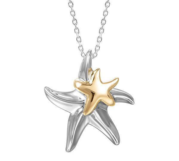 The picture shows a two starfish pendant, one 14K white gold and one 14K yellow gold.