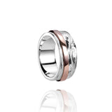 The picture shows a two-tone 925 sterling silver and 14K rose gold belted ring with hand-engravings.