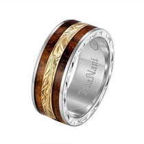 In this photo there is a white and yellow gold two-tone koa wood ring with scroll hand engravings.