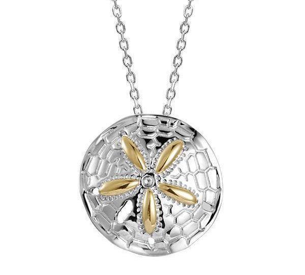The picture shows a 14K two-tone yellow and white gold sand dollar pendant.