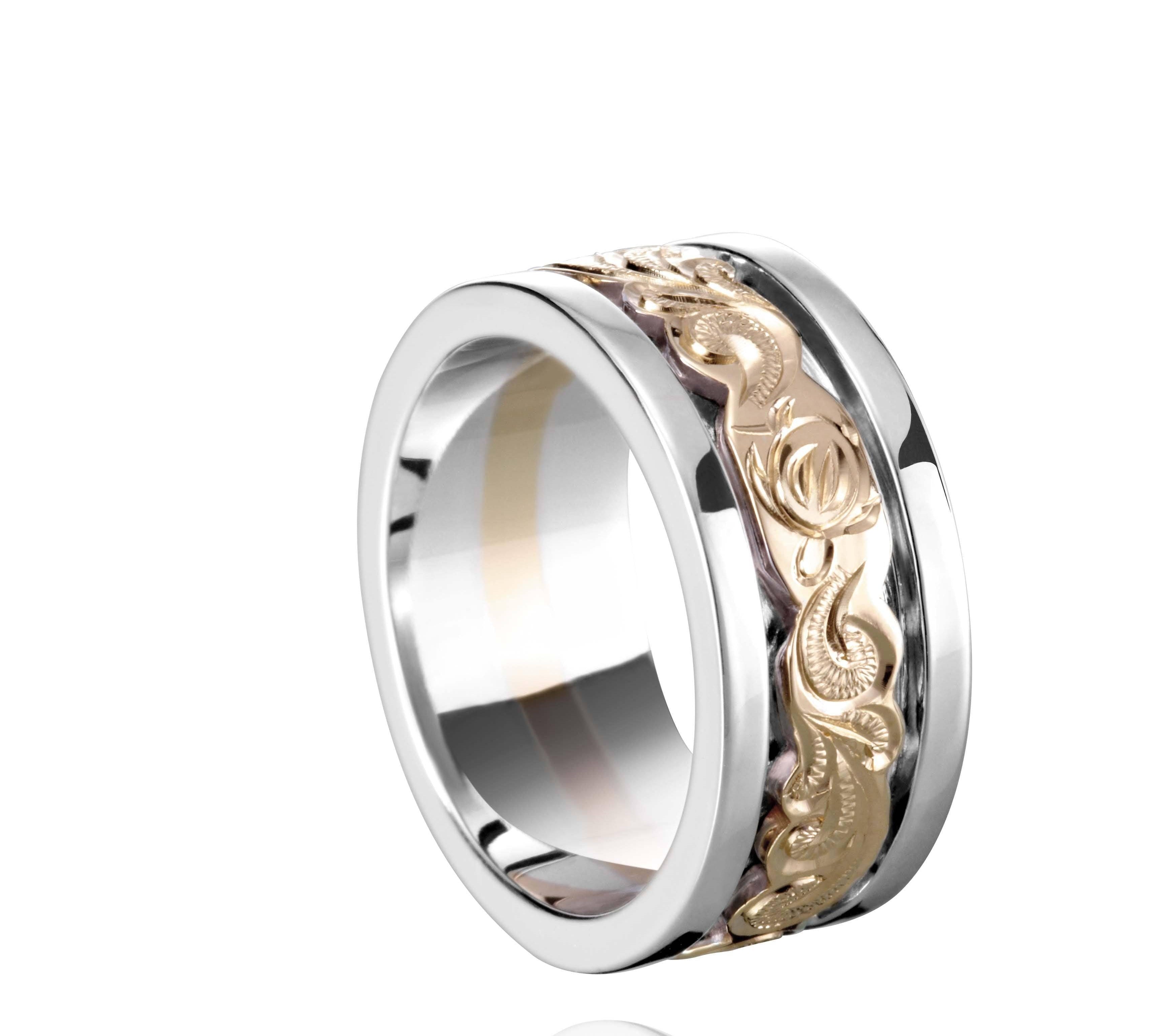 The picture shows a 14K two-tone yellow and white gold ring of 8 mm.