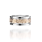 The picture shows a 14K two-tone yellow and white gold ring of 8 mm.