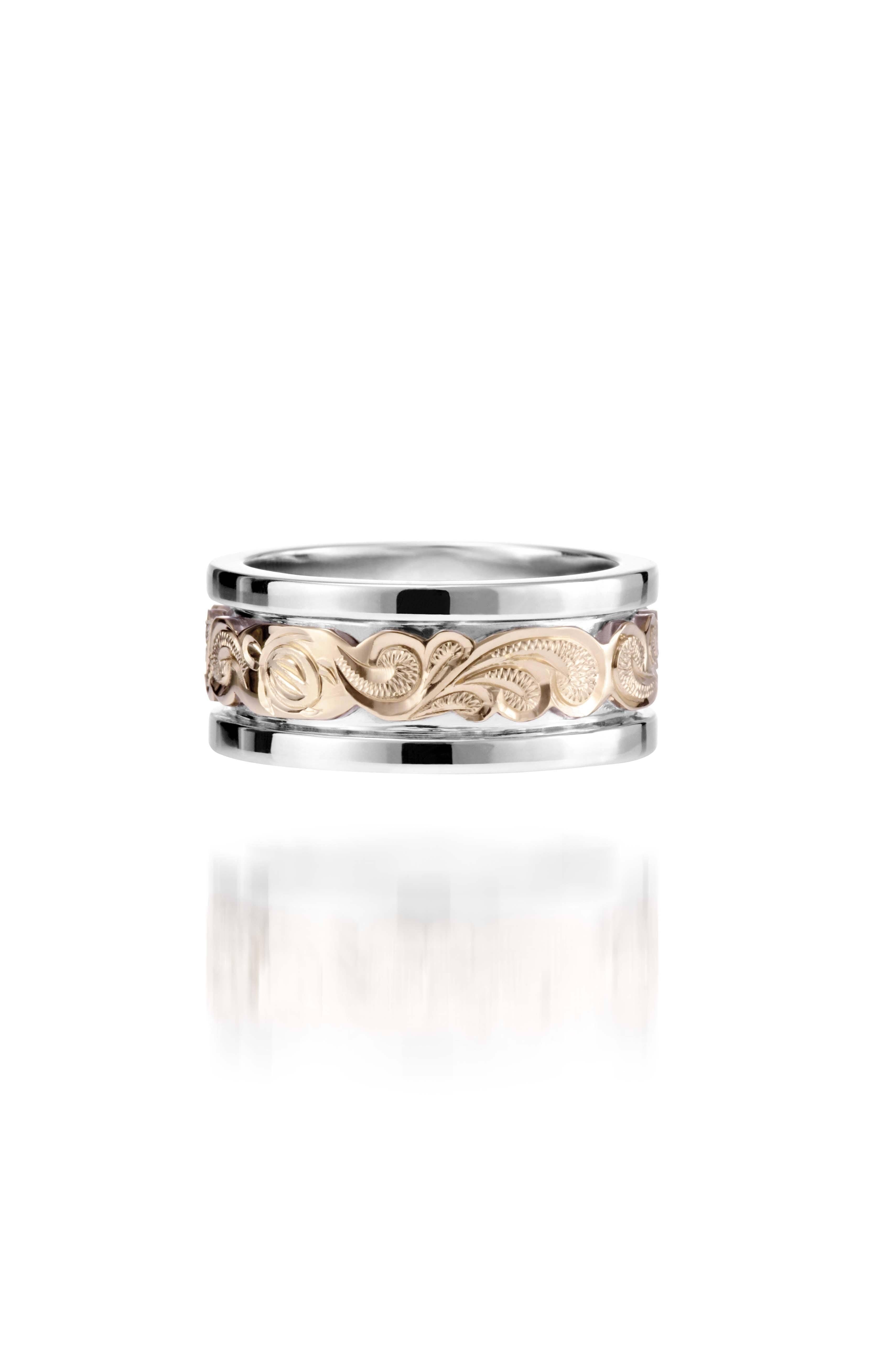 The picture shows a 14K two-tone yellow and white gold ring of 8 mm.