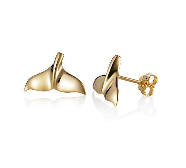 The picture shows a pair of 14K yellow gold whale tail stud earrings.