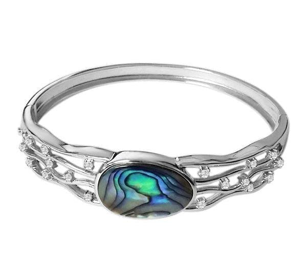 Sterling silver bangle featuring a Abalone shell oval, and inlayed topaz. 
