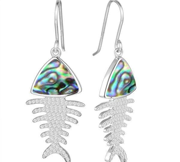 Sterling silver Fishbone hook earrings featuring abalone, and white topaz. 