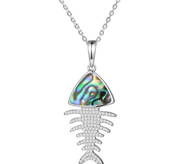 Sterling silver Fishbone Pendant featuring abalone, and white topaz. 