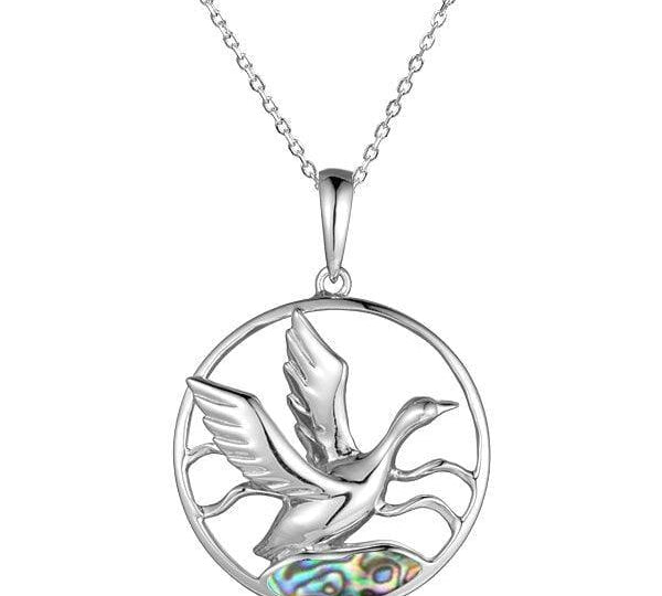 Sterling silver pendant designed to look like the Nene bird flying out of Abalone water.