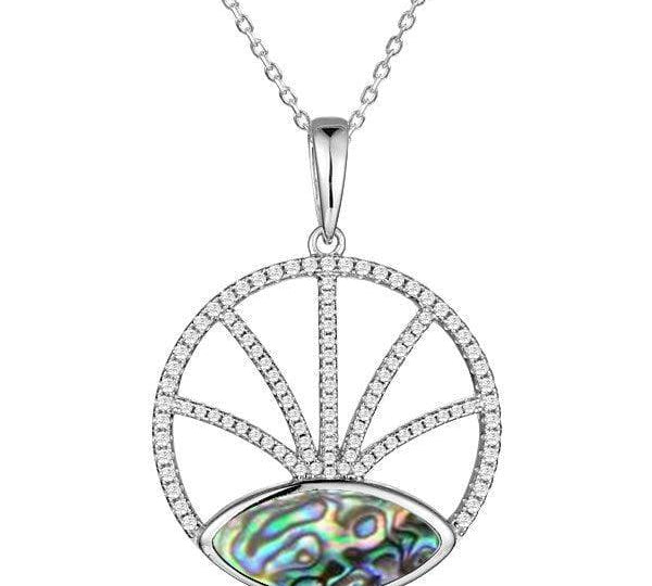 Sterling silver, white topaz, and abalone featured in a pendant with a unique design.