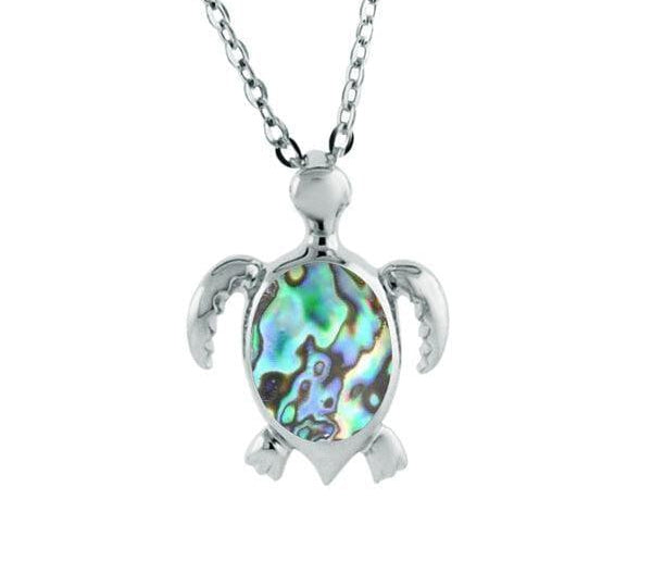 Sterling Silver pendant featuring a sea turtle with an abalone shell. 