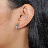Sterling silver earing with an abalone gemstone shaped as jellyfish. The earrings are worn by a model.