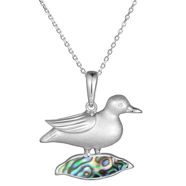 Sterling silver Nene pendant featuring the bird stood on abalone.