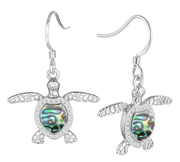 Sterling silver sea turtle hook earrings featuring Pave detail and an abalone shell.