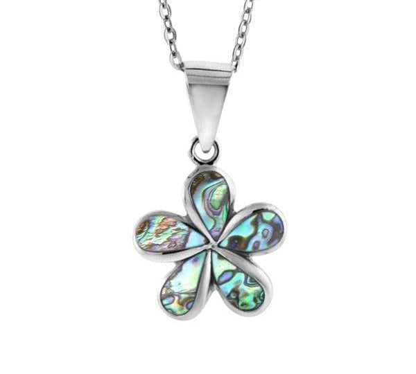 Sterling silver plumeria pendant featuring Abalone pedals.