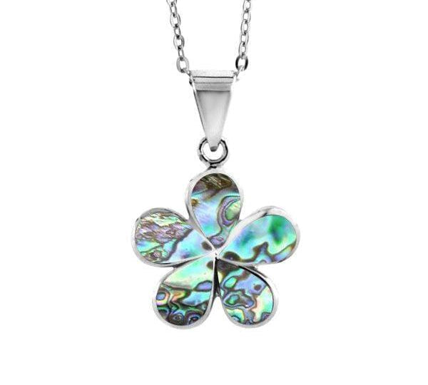 Abalone and sterling silver plumeria shaped pendant. The petals are made of abalone, outlined by silver.